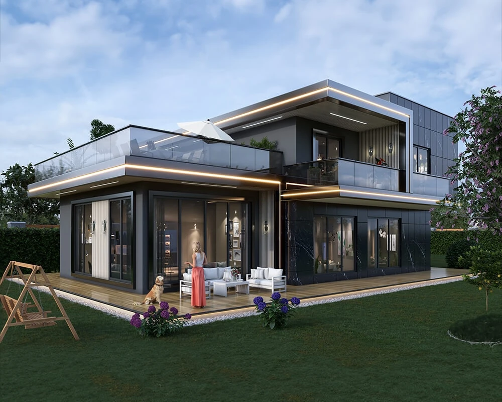 Modern prefabrik ev ve bahçeli yaşam alanı tasarım yaklaşımı